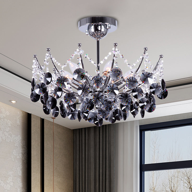 Modern Crystal Dome Semi Flush Light Fixture 5 Lights In Burgundy/Smoke Gray/Amber 16’ & 19.5’