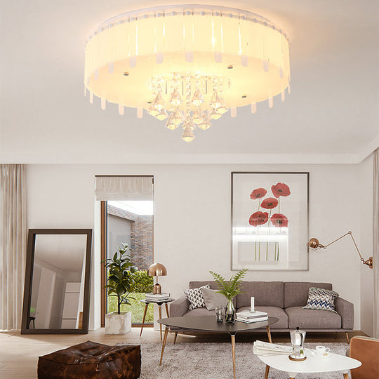 Led Flush Mount Ceiling Light With Crystal Drop And White Glass Shade - Simple Style