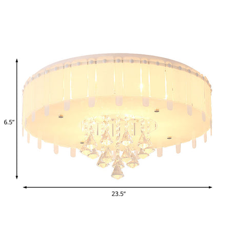 Led Flush Mount Ceiling Light With Crystal Drop And White Glass Shade - Simple Style