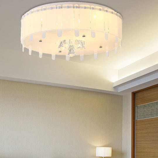 Led Flush Mount Ceiling Light With Crystal Drop And White Glass Shade - Simple Style