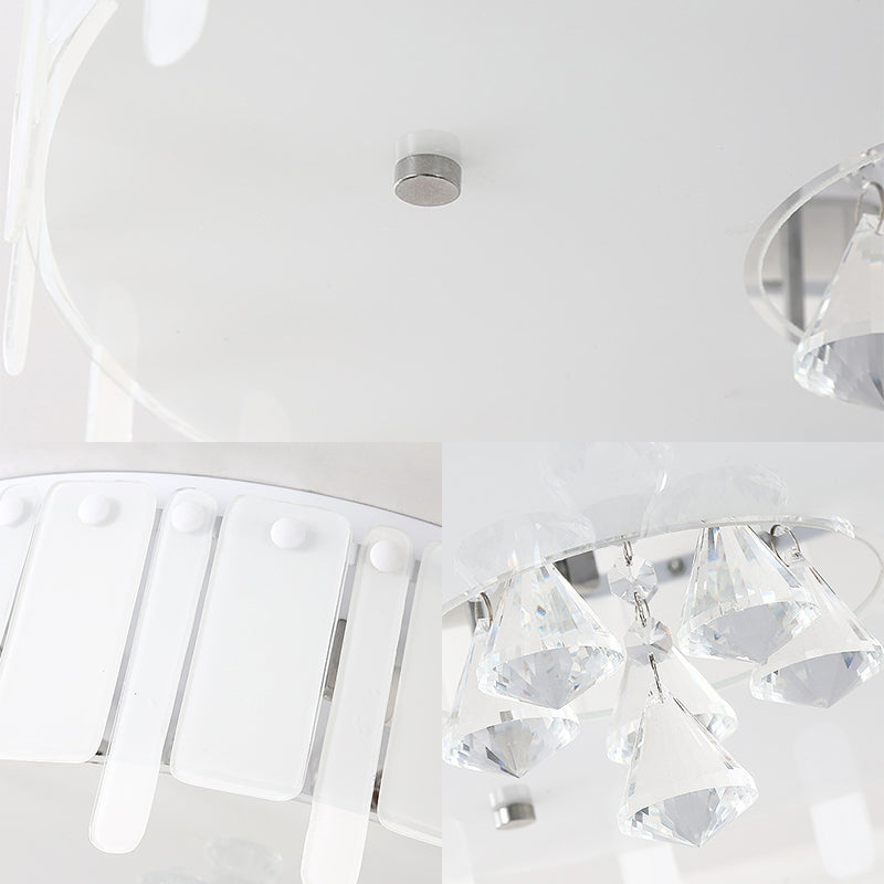 Led Flush Mount Ceiling Light With Crystal Drop And White Glass Shade - Simple Style
