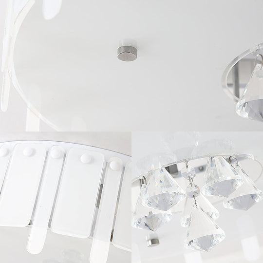 Led Flush Mount Ceiling Light With Crystal Drop And White Glass Shade - Simple Style