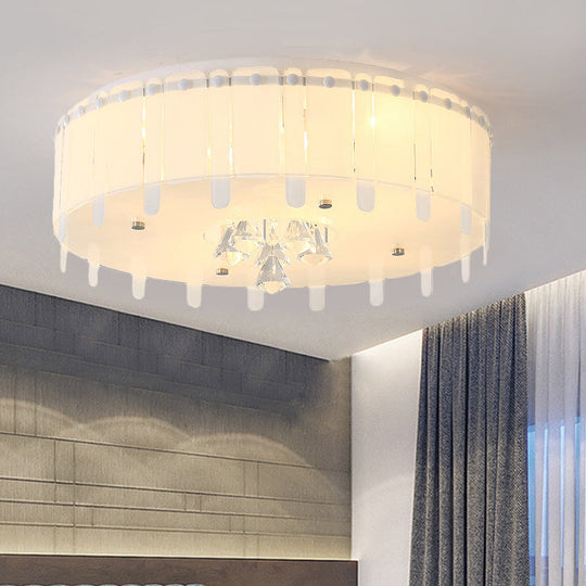 Led Flush Mount Ceiling Light With Crystal Drop And White Glass Shade - Simple Style