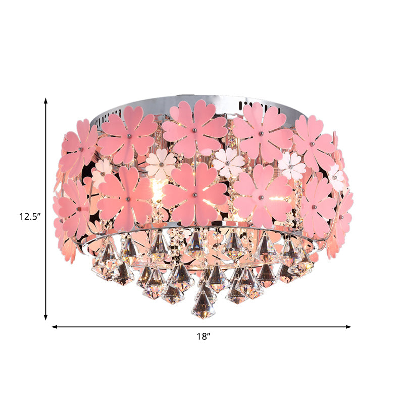 Modern Crystal Drop Led Drum Ceiling Light Fixture With Pink Flower Decoration 18/21.5 Wide