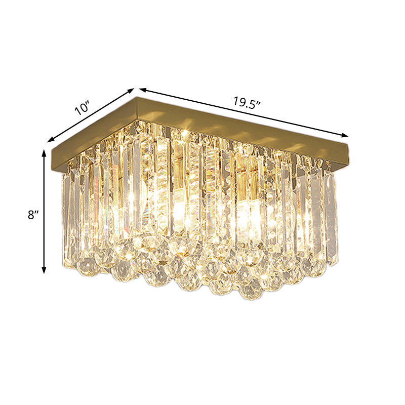 Modern Gold Flush Mount Light With Crystal Block Shade - 2 Lights Rectangle Ceiling Design