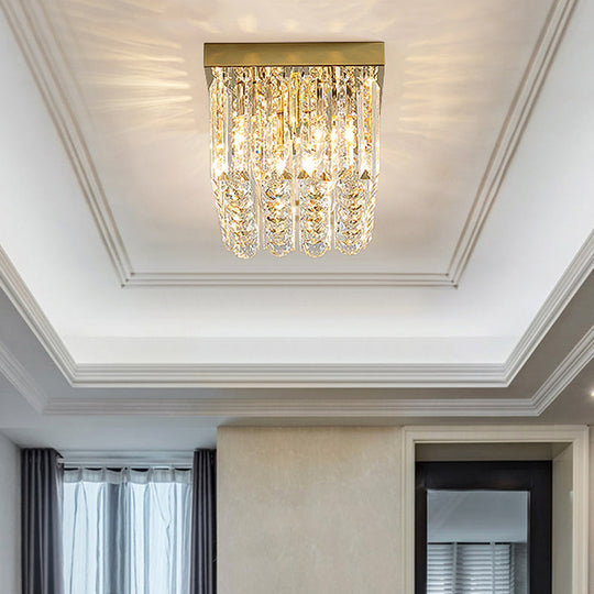 Modern Gold Flush Mount Light With Crystal Block Shade - 2 Lights Rectangle Ceiling Design