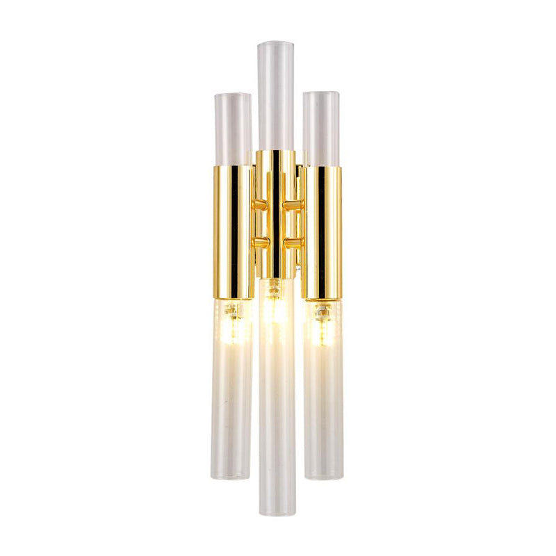 Modern Crystal Brass Flute Wall Mount Sconce Light Fixture For Living Room - 3 Lights
