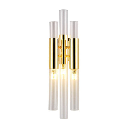 Modern Crystal Brass Flute Wall Mount Sconce Light Fixture For Living Room - 3 Lights