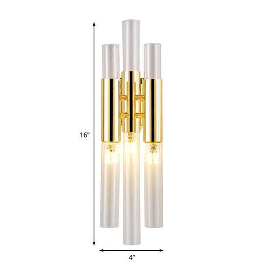 Modern Crystal Brass Flute Wall Mount Sconce Light Fixture For Living Room - 3 Lights