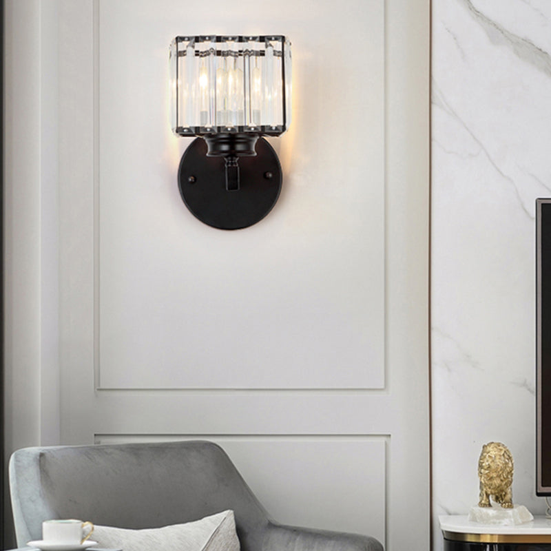 Postmodern Crystal Block Wall Sconce With Brass/Black Backplate For Bedroom Black