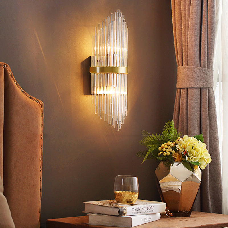 Modern Brass Wall Sconce Light With Fluted Glass Shade - 3-Light Bedroom 7/9.5 Width / 9.5