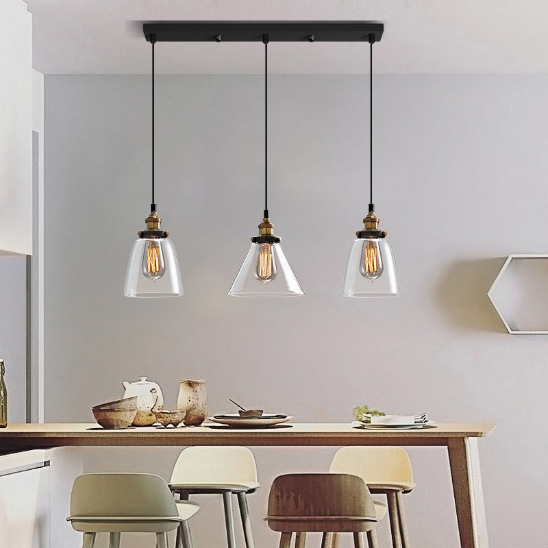 Clear Glass Industrial Shaded Multi-Light Pendant: 3-Bulb Hanging Lighting For Dining Room