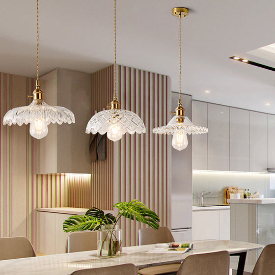 Brass Shaded Textured Glass Pendant Light - Antique 1-Light Fixture For Restaurants