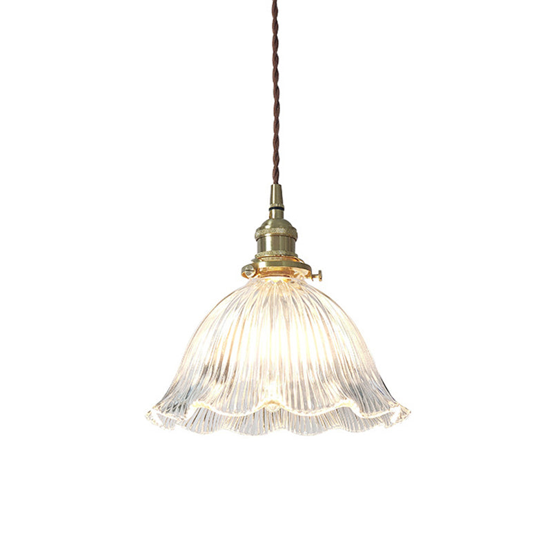 Simplicity Living Room Pendant Light Fixture With Clear Ribbed Glass Shade And Floral Design