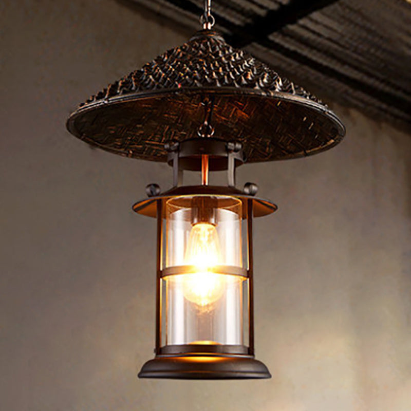 Retro Suspension Lighting: Single Straw Hat Metal Pendant Light With Glass Shade For Restaurants