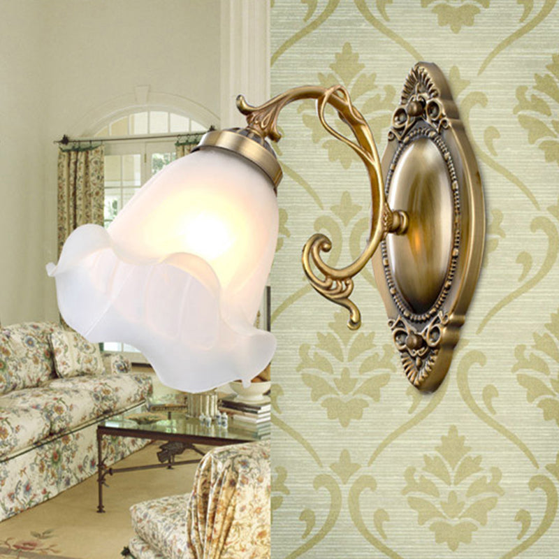 Classic White Wall Light With Single-Bulb & Frosted Glass Flower Shade
