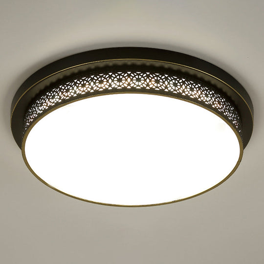 Black Round Led Flush Light - Rustic Acrylic Living Room Ceiling Fixture With Filigree Design / 18 B