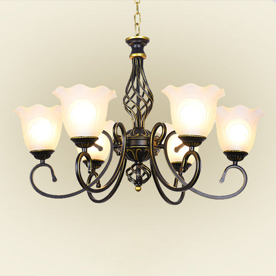 Ruffle Glass Floral Shade Chandelier For Classic Living Room Décor - Pendant Light With Scroll Arm