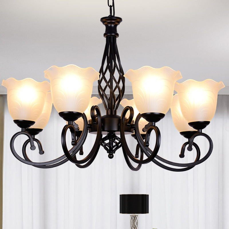 Ruffle Glass Floral Shade Chandelier For Classic Living Room Décor - Pendant Light With Scroll Arm
