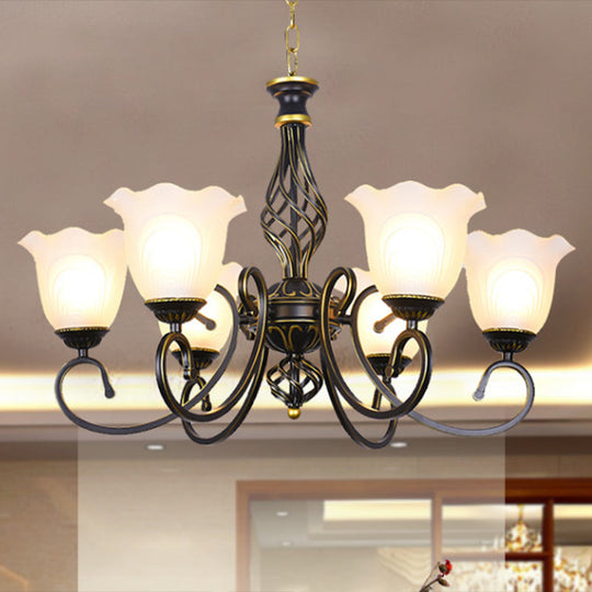 Ruffle Glass Floral Shade Chandelier For Classic Living Room Décor - Pendant Light With Scroll Arm