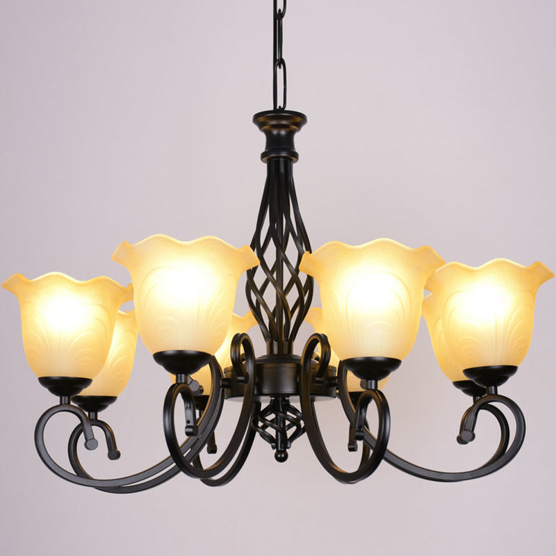 Ruffle Glass Floral Shade Chandelier For Classic Living Room Décor - Pendant Light With Scroll Arm