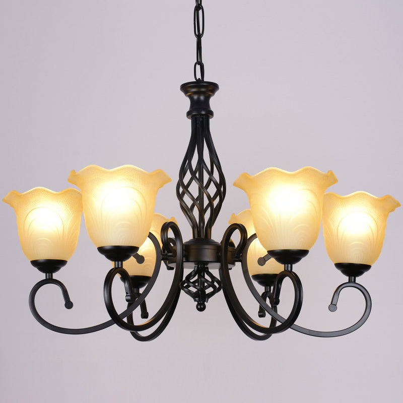 Ruffle Glass Floral Shade Chandelier For Classic Living Room Décor - Pendant Light With Scroll Arm 6