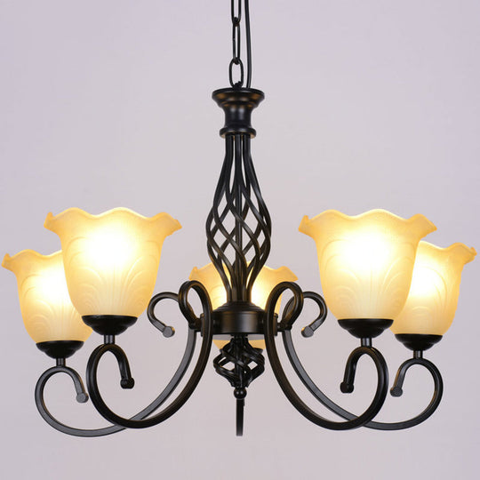 Ruffle Glass Floral Shade Chandelier For Classic Living Room Décor - Pendant Light With Scroll Arm
