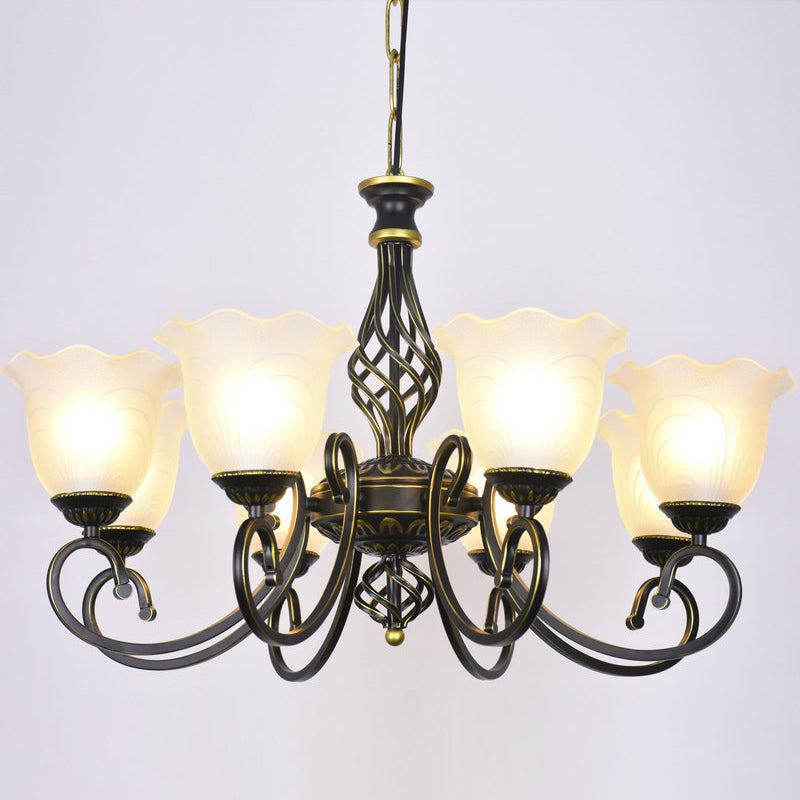 Ruffle Glass Floral Shade Chandelier For Classic Living Room Décor - Pendant Light With Scroll Arm