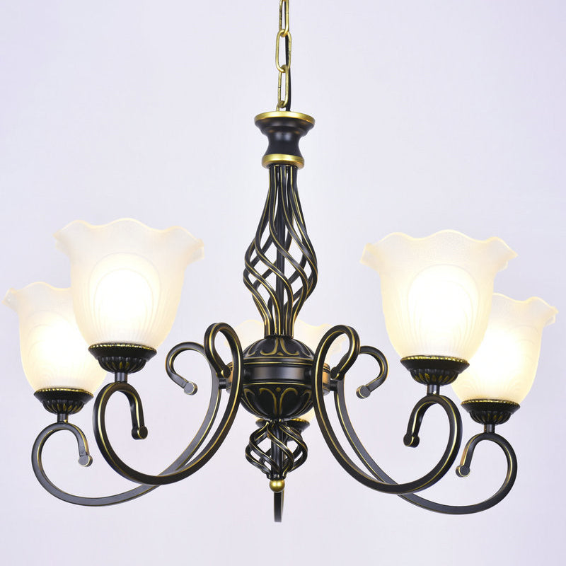 Ruffle Glass Floral Shade Chandelier For Classic Living Room Décor - Pendant Light With Scroll Arm