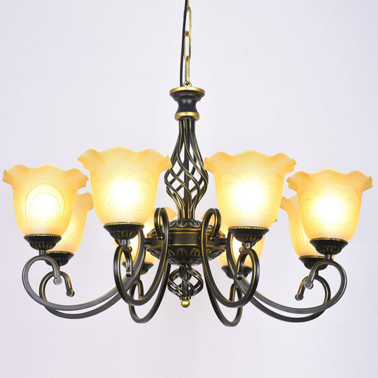 Ruffle Glass Floral Shade Chandelier For Classic Living Room Décor - Pendant Light With Scroll Arm