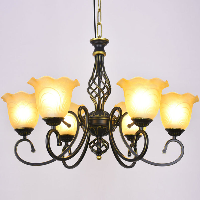 Ruffle Glass Floral Shade Chandelier For Classic Living Room Décor - Pendant Light With Scroll Arm 6