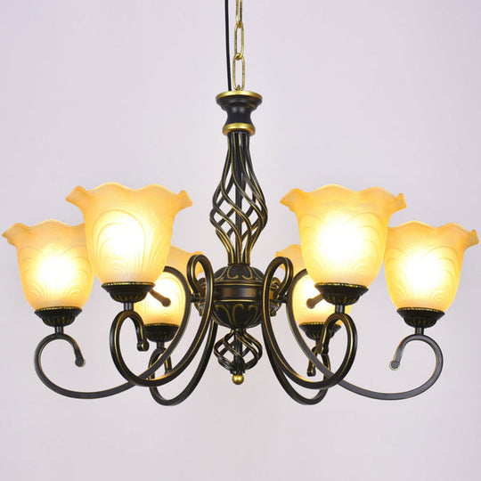 Ruffle Glass Floral Shade Chandelier For Classic Living Room Décor - Pendant Light With Scroll Arm 6