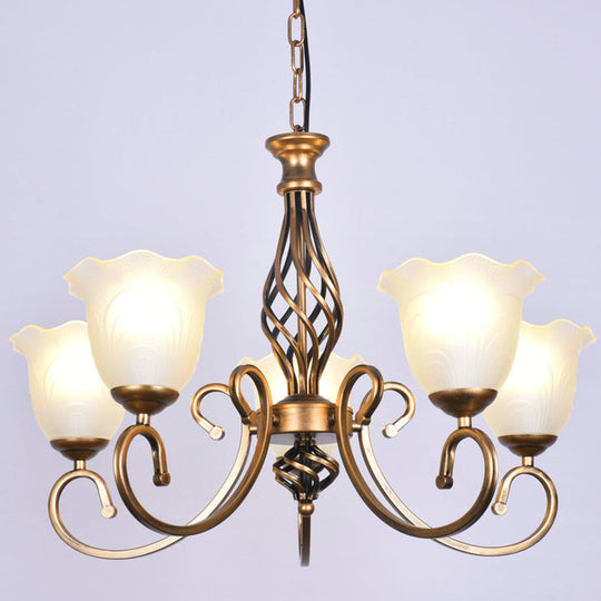Ruffle Glass Floral Shade Chandelier For Classic Living Room Décor - Pendant Light With Scroll Arm