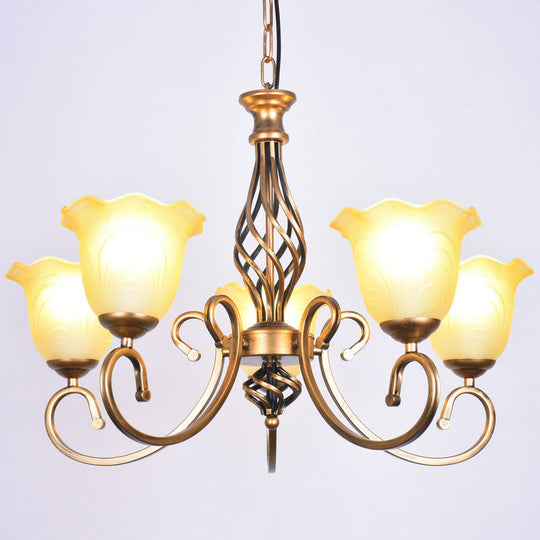 Ruffle Glass Floral Shade Chandelier For Classic Living Room Décor - Pendant Light With Scroll Arm 5