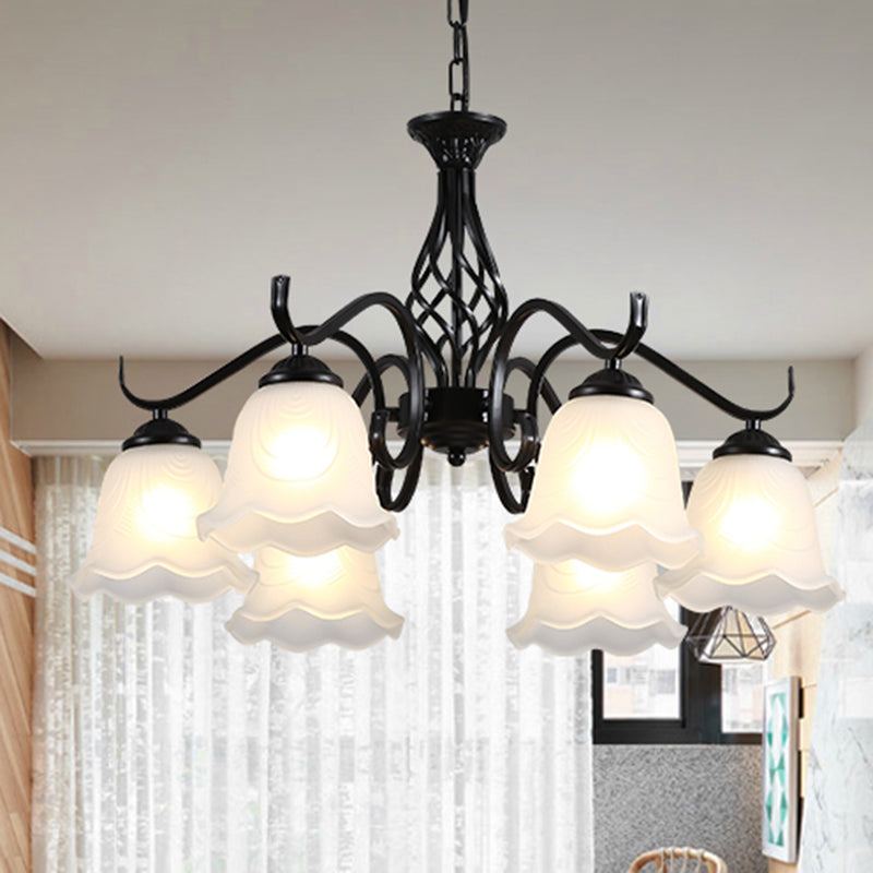 Vintage Bell Chandelier With Ruffle Glass Pendant Light Fixture For Dining Room