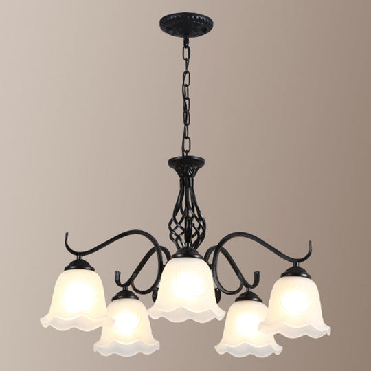 Vintage Bell Chandelier With Ruffle Glass Pendant Light Fixture For Dining Room 5 / Black B