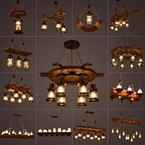 Antique Iron Lantern Chandelier For Commercial Restaurant Lighting With Wooden Pendant