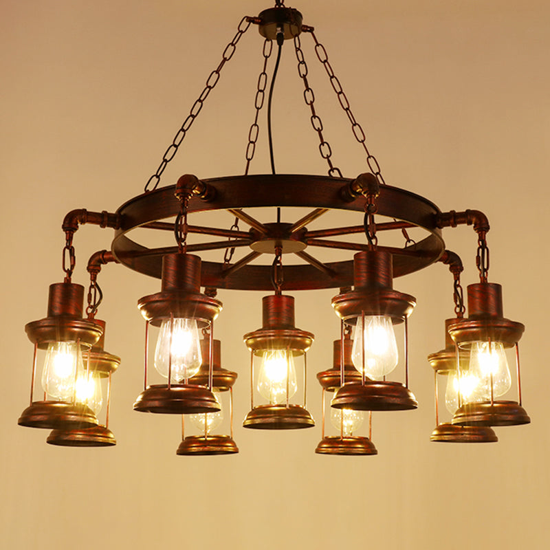 Wagon Wheel Chandelier With Clear Glass Shade In Bronze - Industrial Pendant Lighting 9 / C