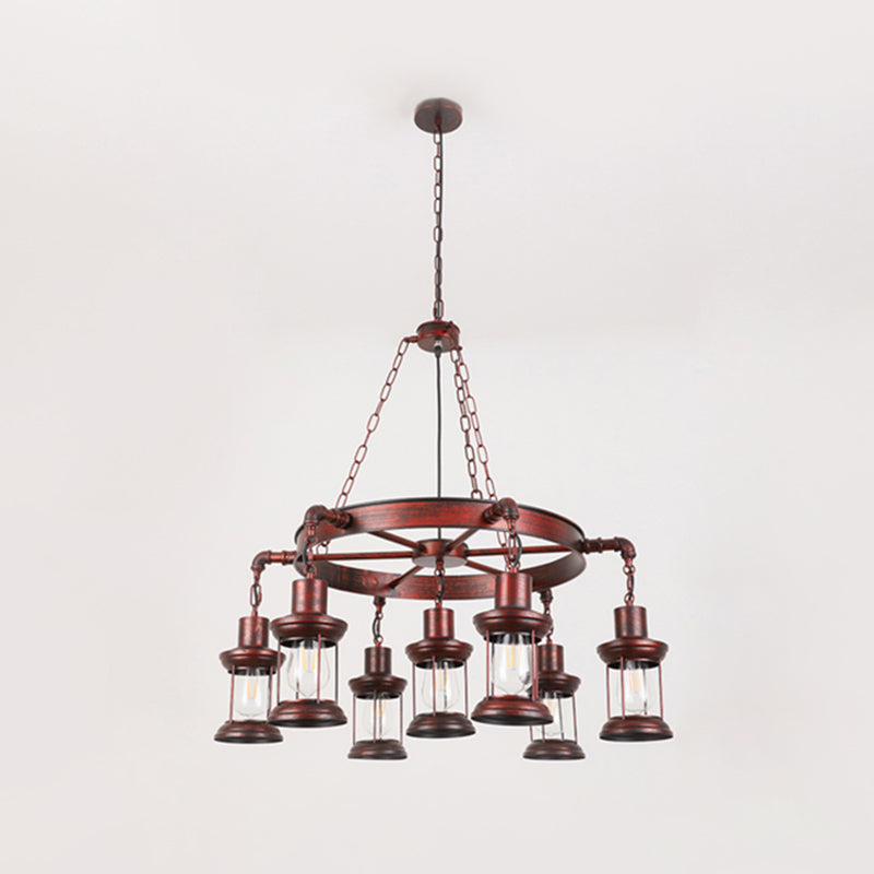 Wagon Wheel Chandelier With Clear Glass Shade In Bronze - Industrial Pendant Lighting