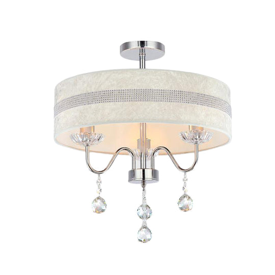 Modern Nordic Drum Fabric Chandelier Light With Crystal Drop For Bedroom - Chrome Finish