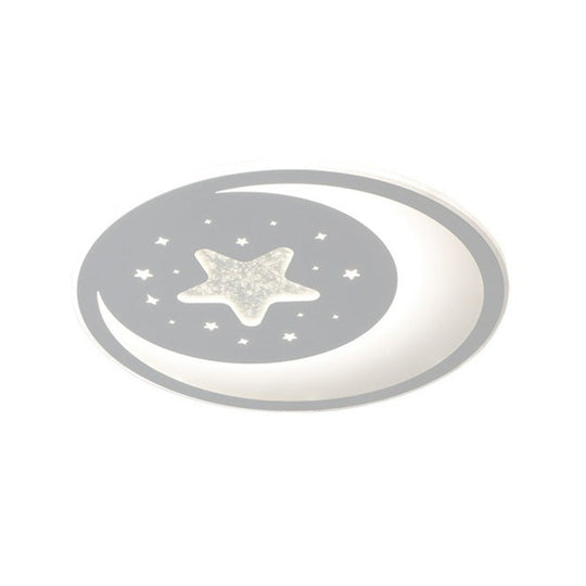 Metallic Led Flush Mount Ceiling Light For Kids Bedroom Modern White Crescent And Star Design