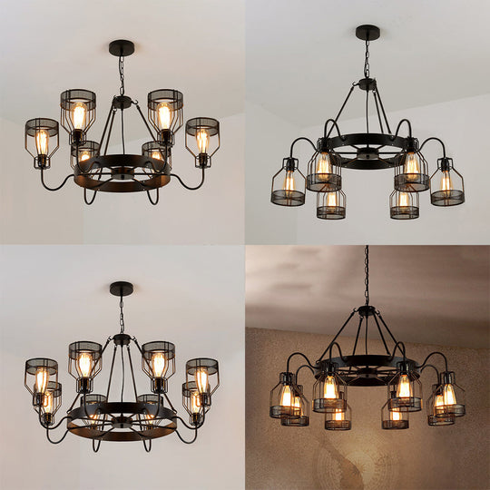 Retro Style 6/8-Light Chandelier With Wire Guard Black Down/Up Ceiling Light And Bell Shade