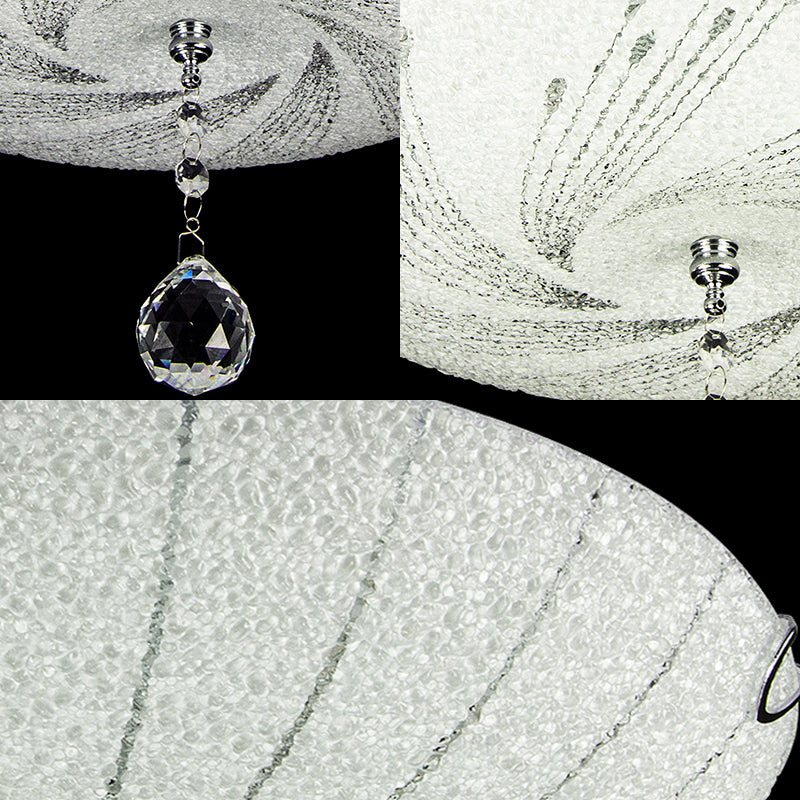 Modern Flush Mount Light With Frosted Glass And Crystal Drop - 3 Lights White Ceiling Fixture