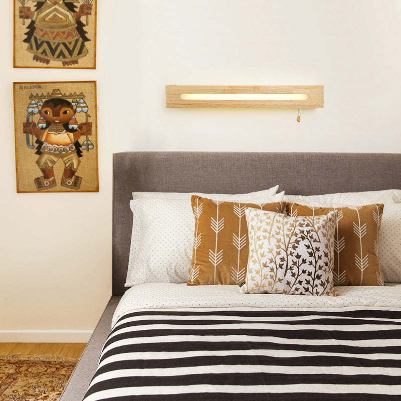 Led Wood Wall Sconce With Pull Chain For Bedside Lighting