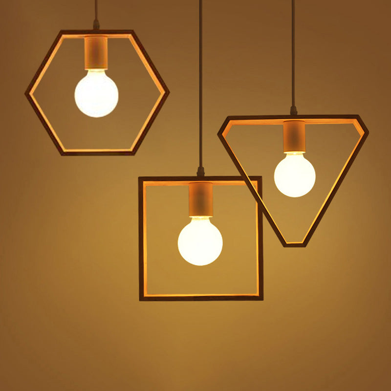 Modern Geometric Pendant Light With Wooden Frame - Single-Bulb Suspension Fixture