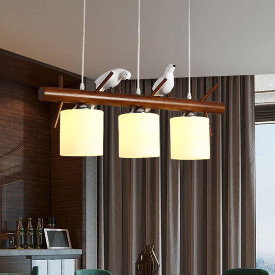 White Glass Led Pendant Light With Resin Bird - Cylinder Restaurant Island Hanging Fixture