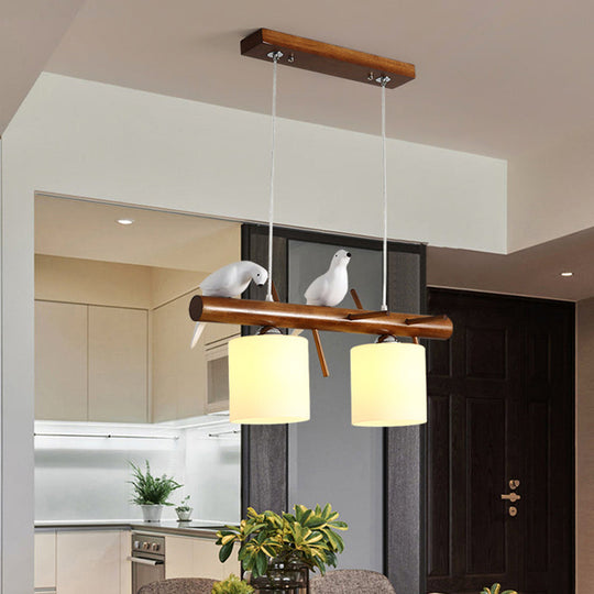 White Glass Led Pendant Light With Resin Bird - Cylinder Restaurant Island Hanging Fixture 2 /