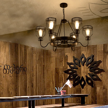 Retro Style 6/8-Light Chandelier With Wire Guard Black Down/Up Ceiling Light And Bell Shade
