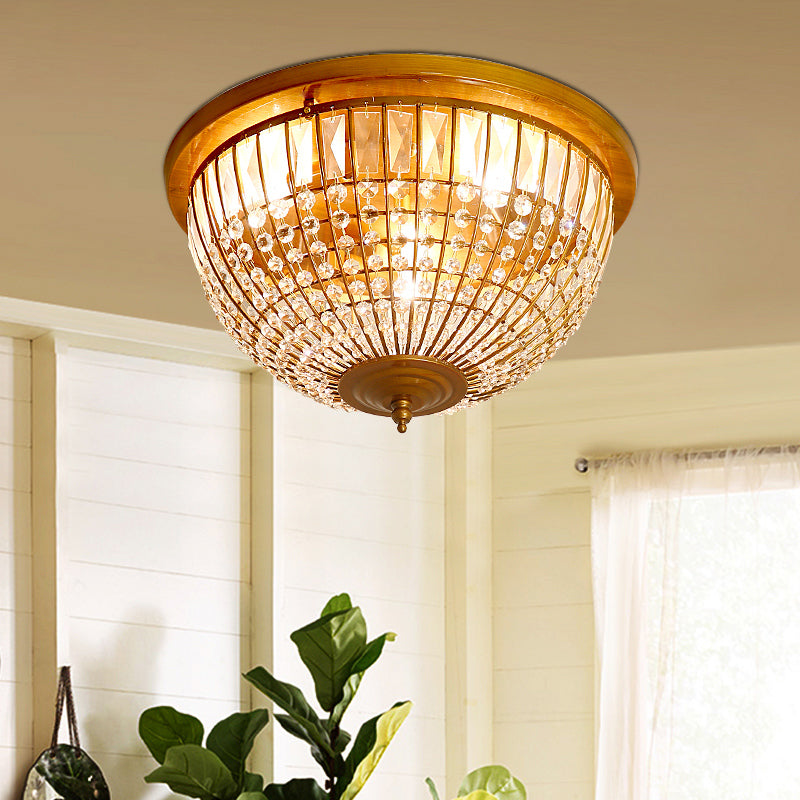 Modern Brass Flush Mount With Crystal Dome Shade - 3 Light Hallway Ceiling Fixture 14’/18’ Wide