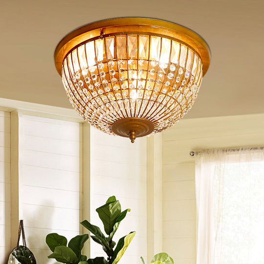 Modern Brass Flush Mount With Crystal Dome Shade - 3 Light Hallway Ceiling Fixture 14’/18’ Wide